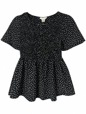 Urban Romantics Black White Polka Dot Smocked Babydoll Blouse Medium Peplum
